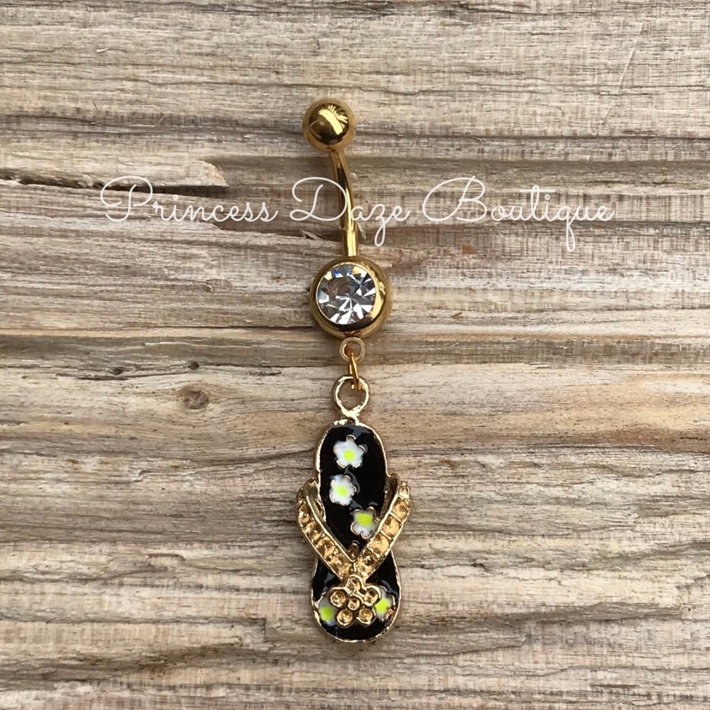 Gold Black Flip Flop Navel Ring Floral Dangle‎ Belly Button Piercing